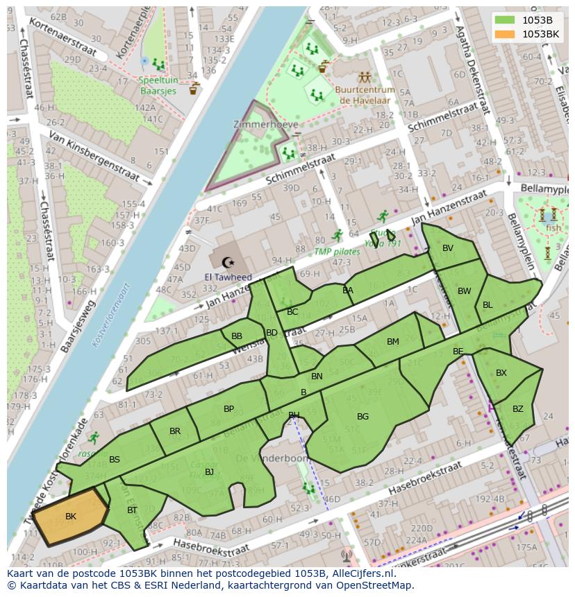 Afbeelding van het postcodegebied 1053 BK op de kaart.