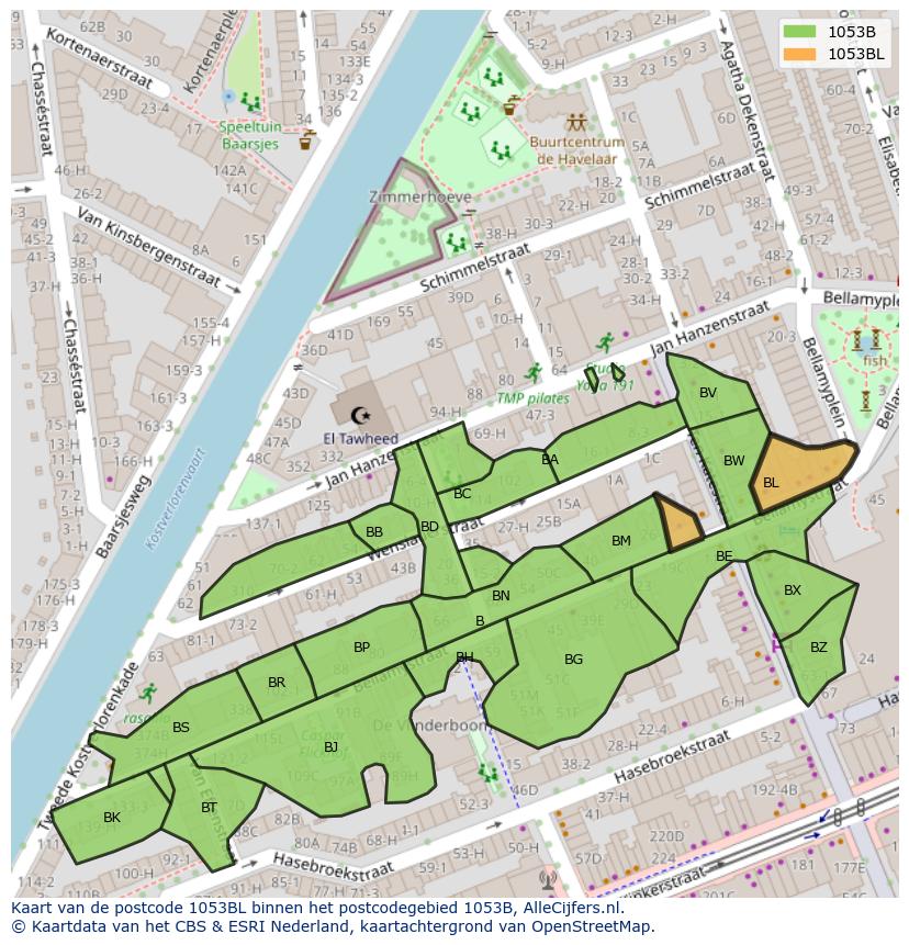 Afbeelding van het postcodegebied 1053 BL op de kaart.