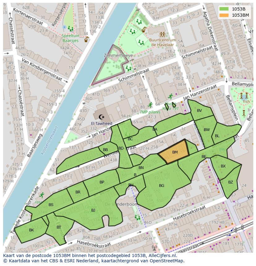 Afbeelding van het postcodegebied 1053 BM op de kaart.