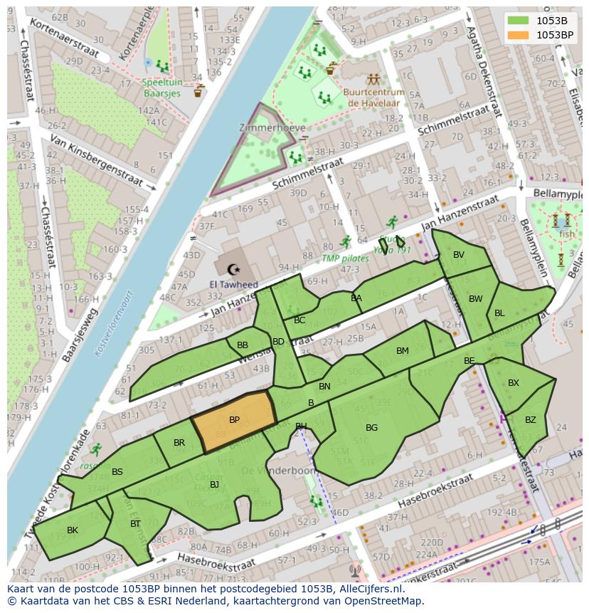 Afbeelding van het postcodegebied 1053 BP op de kaart.