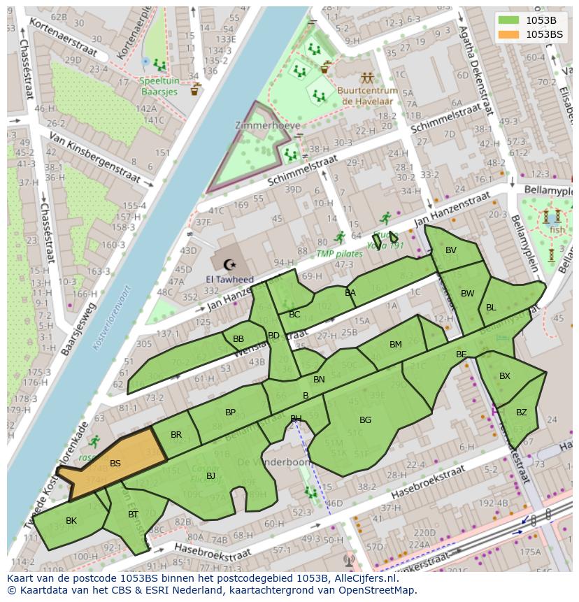 Afbeelding van het postcodegebied 1053 BS op de kaart.