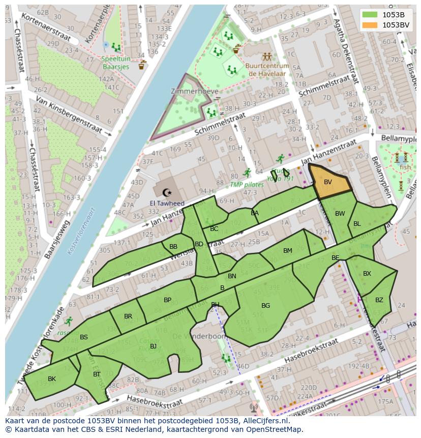 Afbeelding van het postcodegebied 1053 BV op de kaart.