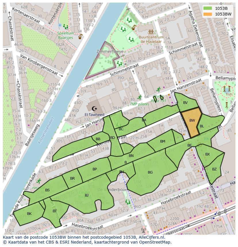 Afbeelding van het postcodegebied 1053 BW op de kaart.