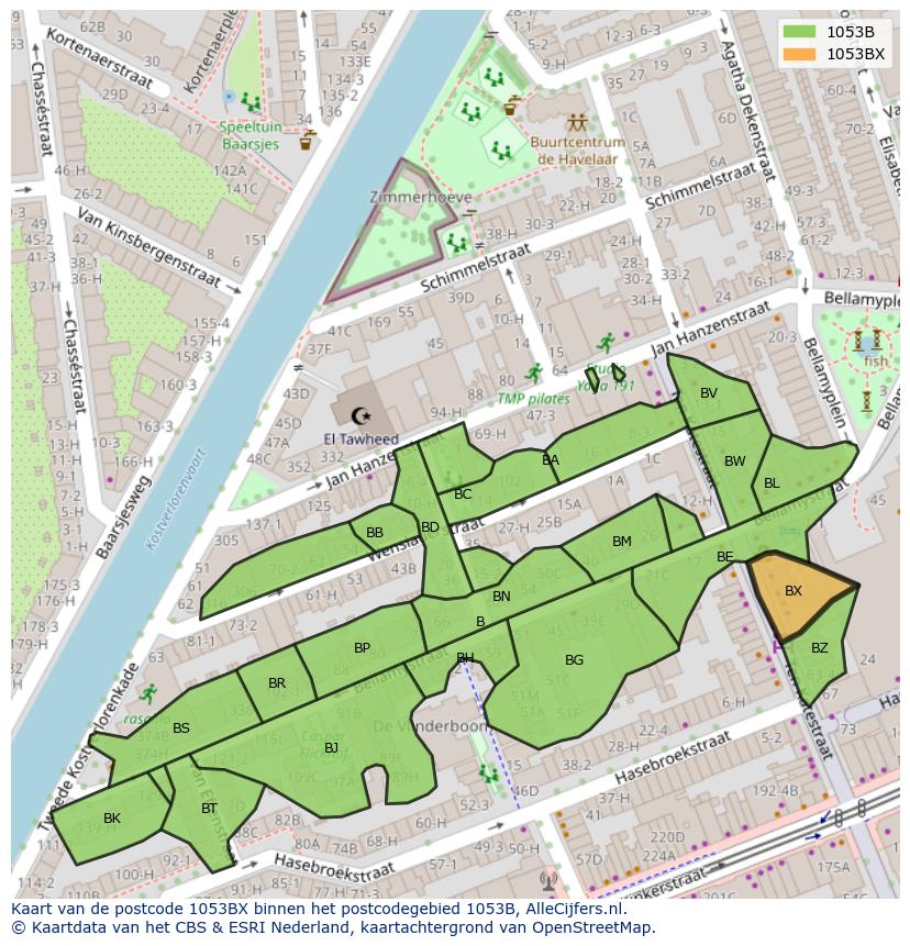 Afbeelding van het postcodegebied 1053 BX op de kaart.