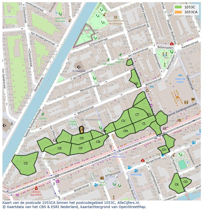 Afbeelding van het postcodegebied 1053 CA op de kaart.