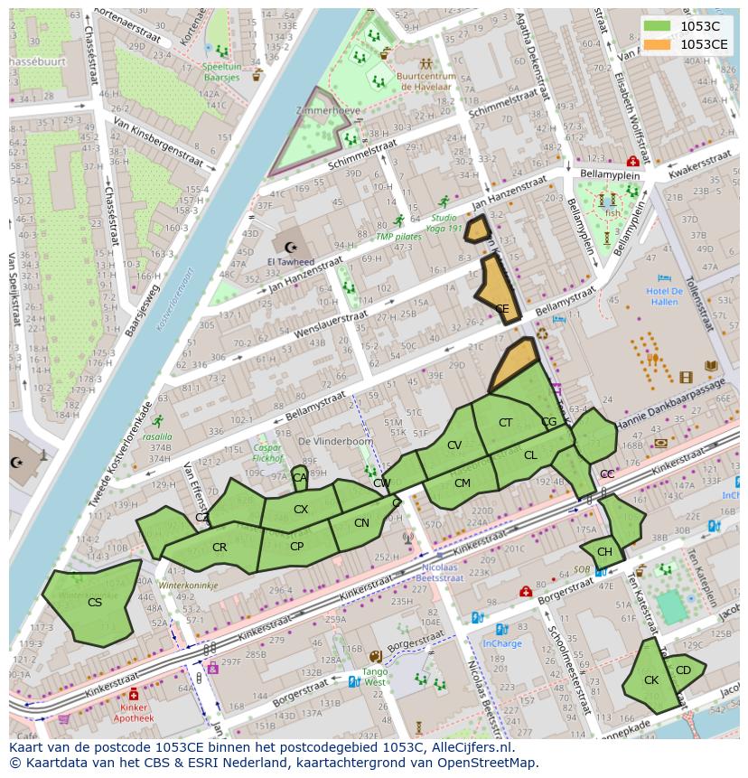 Afbeelding van het postcodegebied 1053 CE op de kaart.