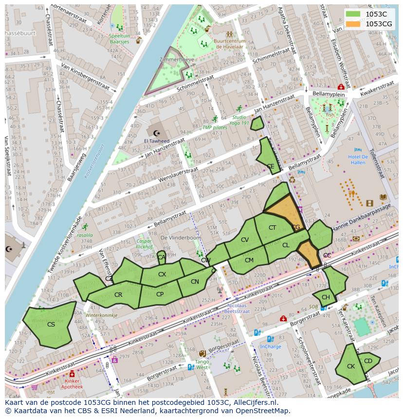 Afbeelding van het postcodegebied 1053 CG op de kaart.