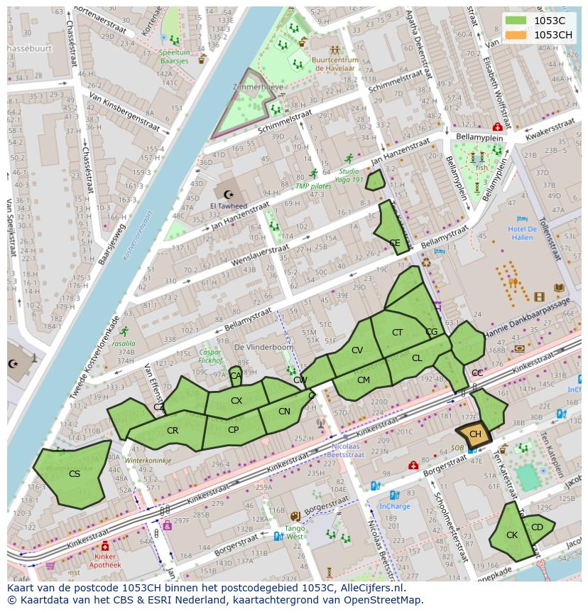 Afbeelding van het postcodegebied 1053 CH op de kaart.