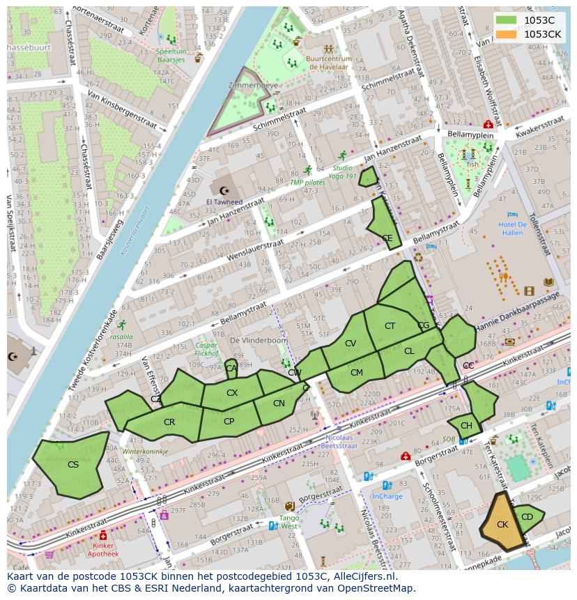 Afbeelding van het postcodegebied 1053 CK op de kaart.