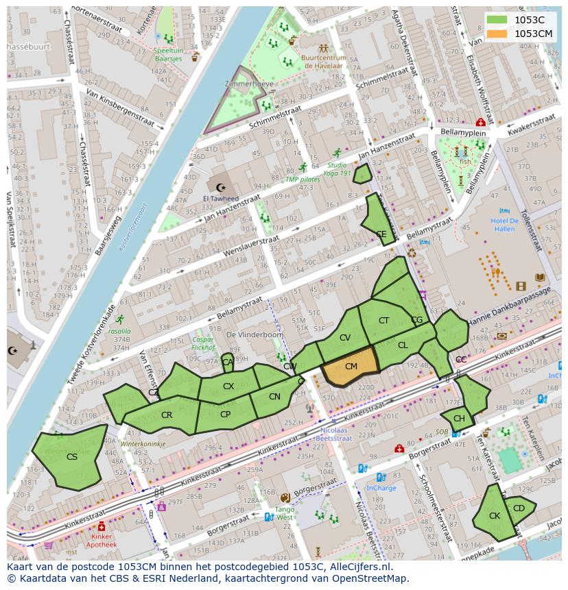 Afbeelding van het postcodegebied 1053 CM op de kaart.