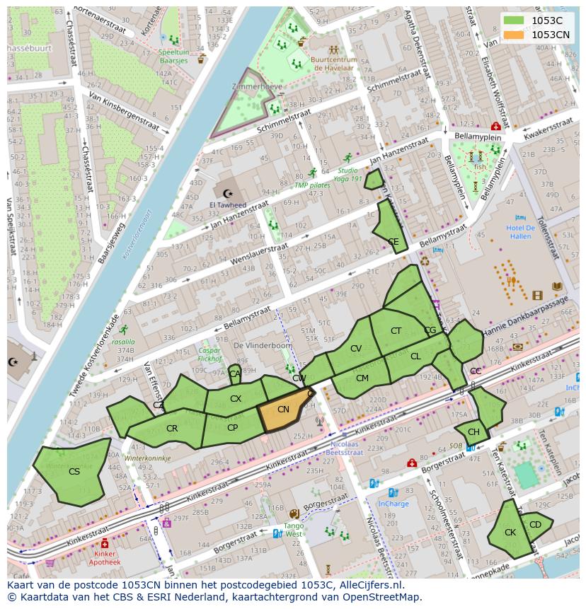 Afbeelding van het postcodegebied 1053 CN op de kaart.