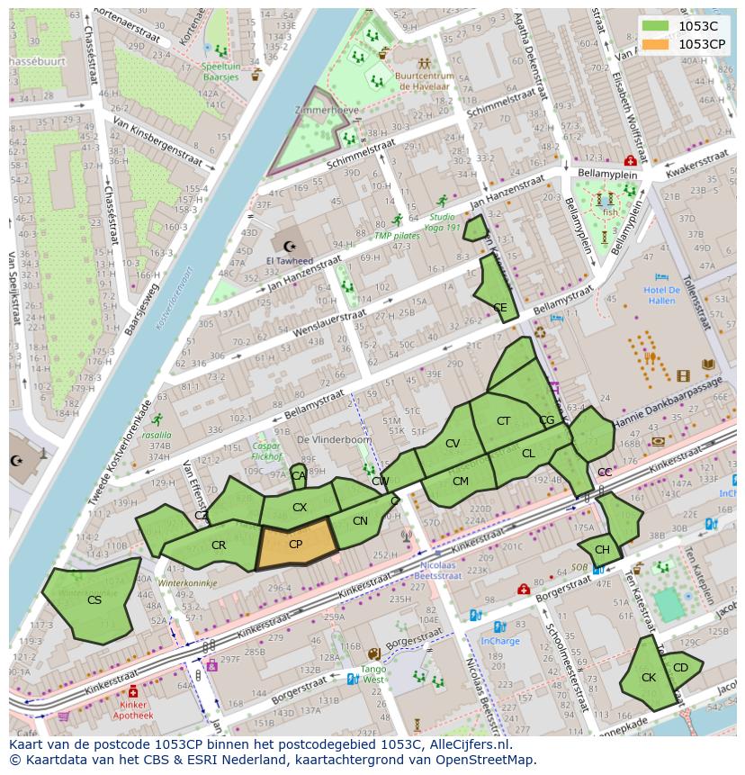 Afbeelding van het postcodegebied 1053 CP op de kaart.