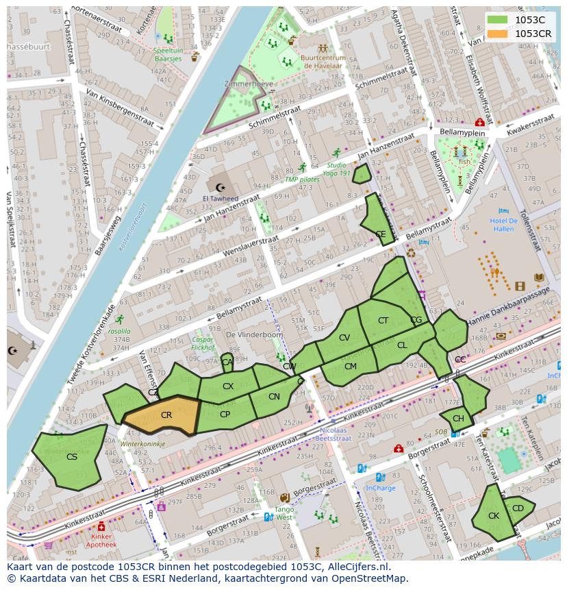 Afbeelding van het postcodegebied 1053 CR op de kaart.