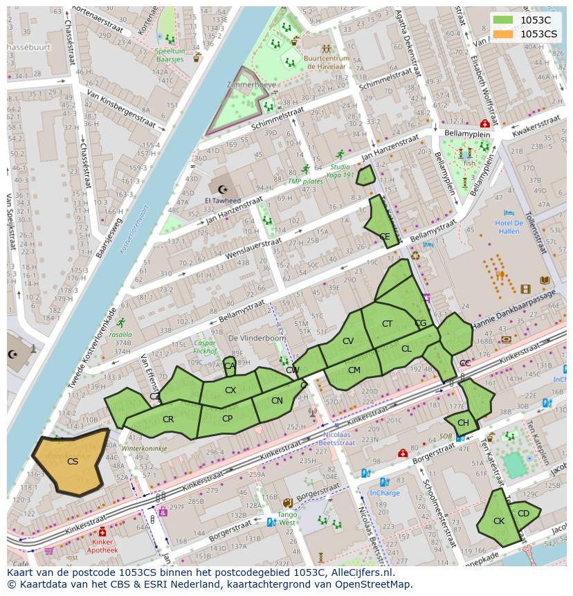 Afbeelding van het postcodegebied 1053 CS op de kaart.