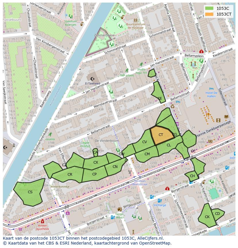 Afbeelding van het postcodegebied 1053 CT op de kaart.