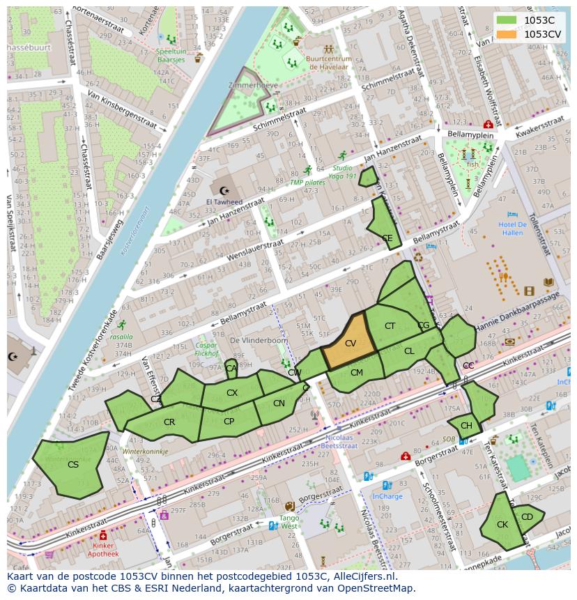 Afbeelding van het postcodegebied 1053 CV op de kaart.