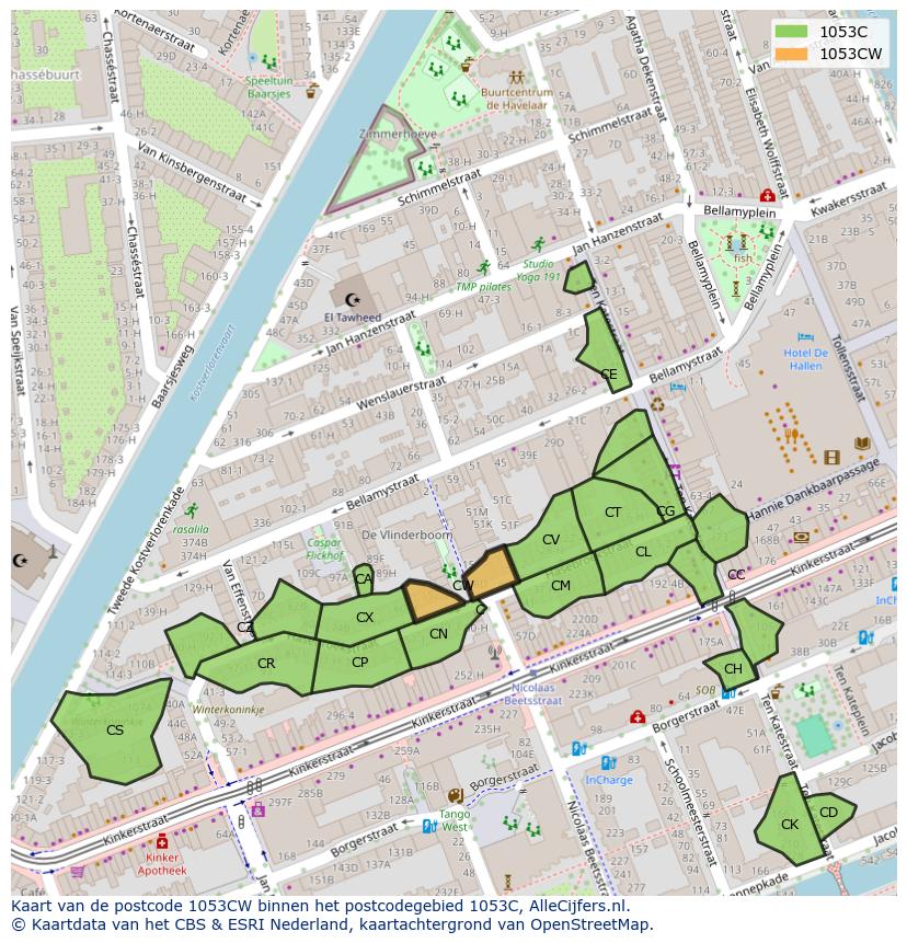 Afbeelding van het postcodegebied 1053 CW op de kaart.