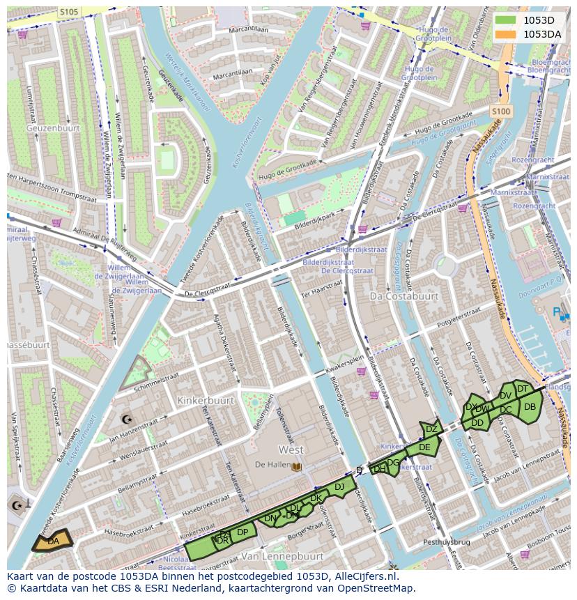 Afbeelding van het postcodegebied 1053 DA op de kaart.