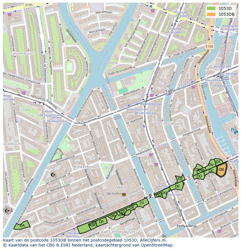 Afbeelding van het postcodegebied 1053 DB op de kaart.