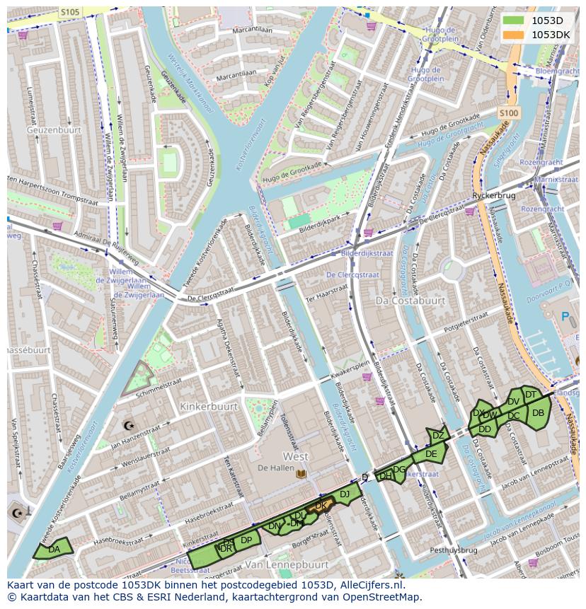 Afbeelding van het postcodegebied 1053 DK op de kaart.
