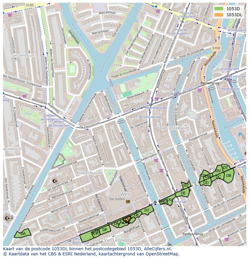 Afbeelding van het postcodegebied 1053 DL op de kaart.