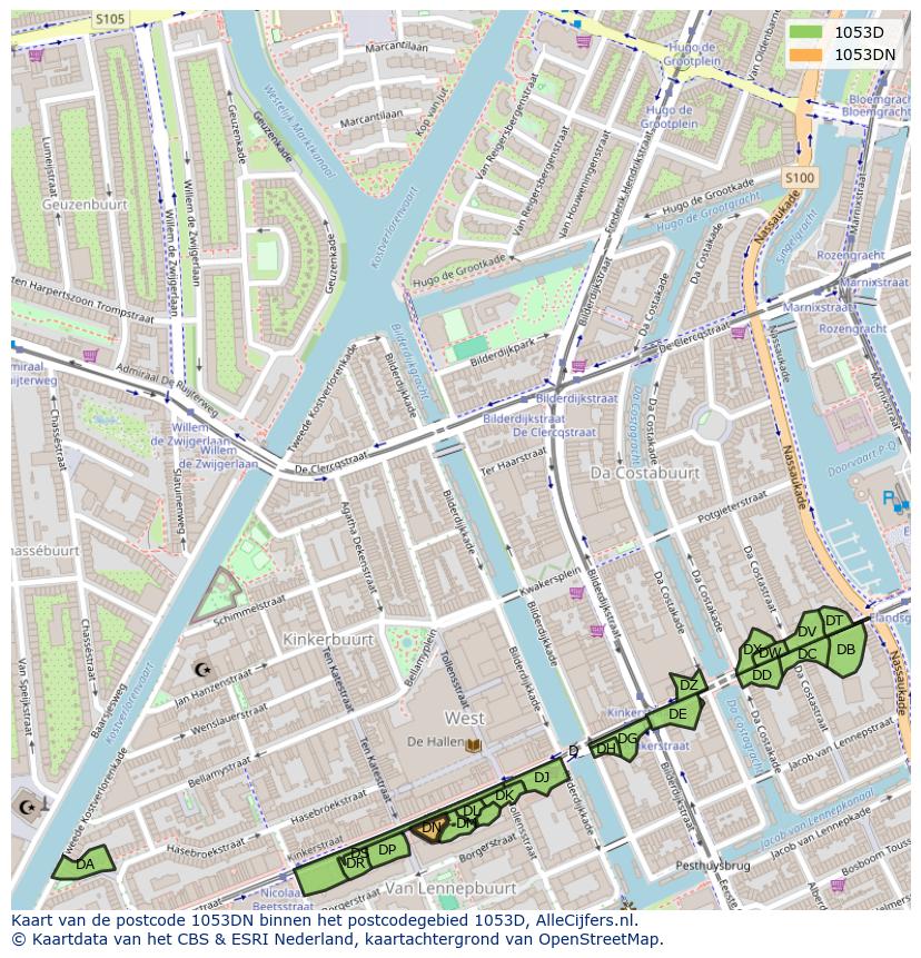 Afbeelding van het postcodegebied 1053 DN op de kaart.
