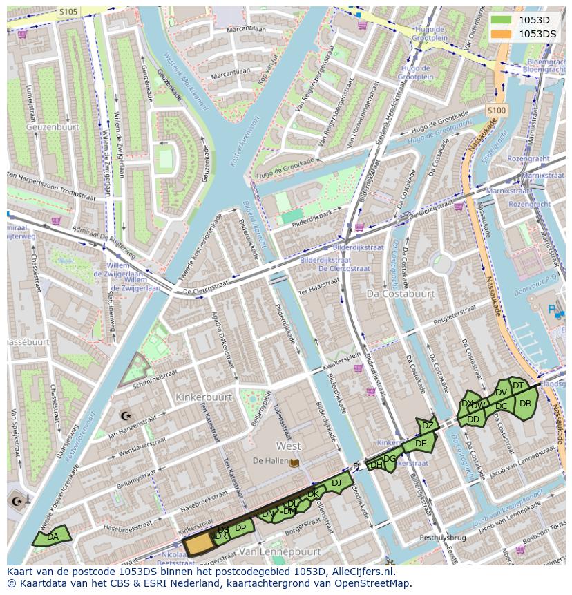 Afbeelding van het postcodegebied 1053 DS op de kaart.
