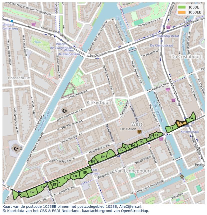 Afbeelding van het postcodegebied 1053 EB op de kaart.