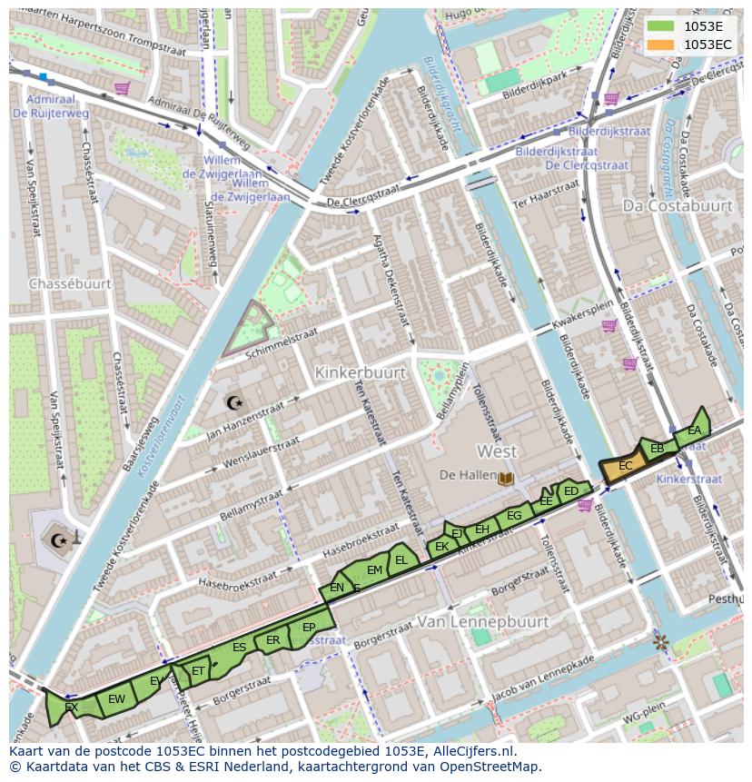 Afbeelding van het postcodegebied 1053 EC op de kaart.