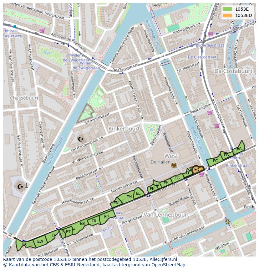 Afbeelding van het postcodegebied 1053 ED op de kaart.