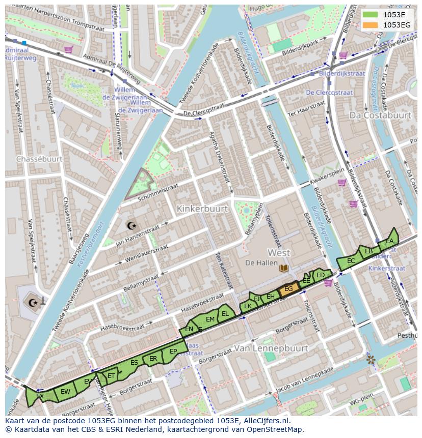 Afbeelding van het postcodegebied 1053 EG op de kaart.