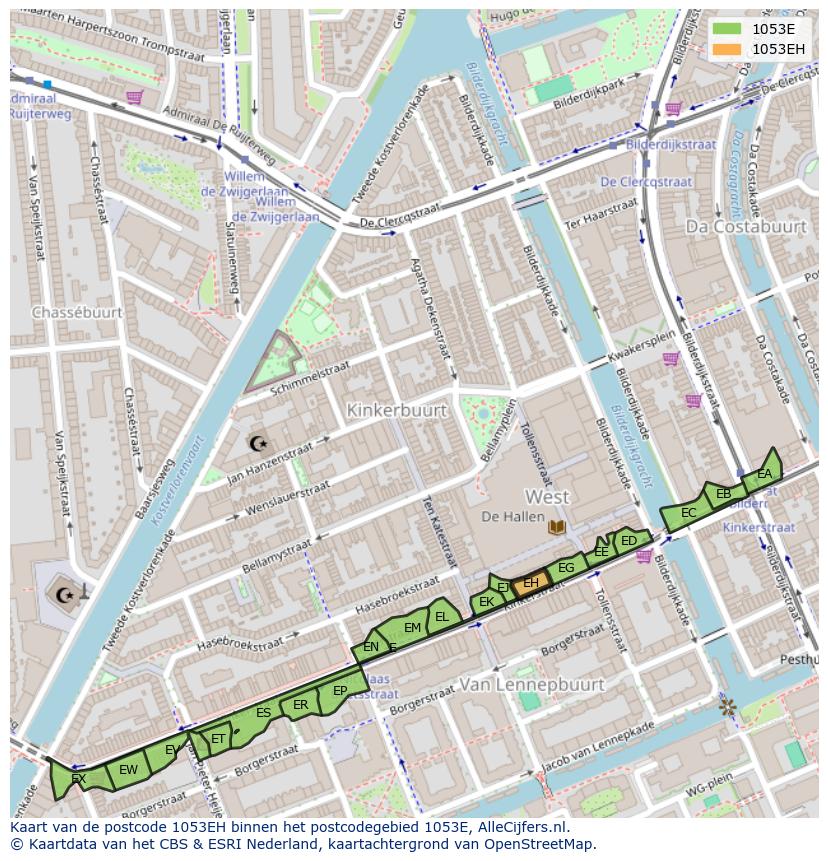 Afbeelding van het postcodegebied 1053 EH op de kaart.