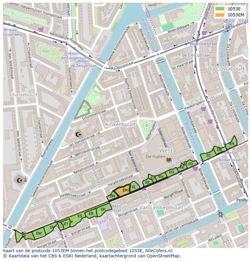 Afbeelding van het postcodegebied 1053 EM op de kaart.