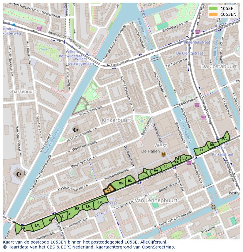 Afbeelding van het postcodegebied 1053 EN op de kaart.