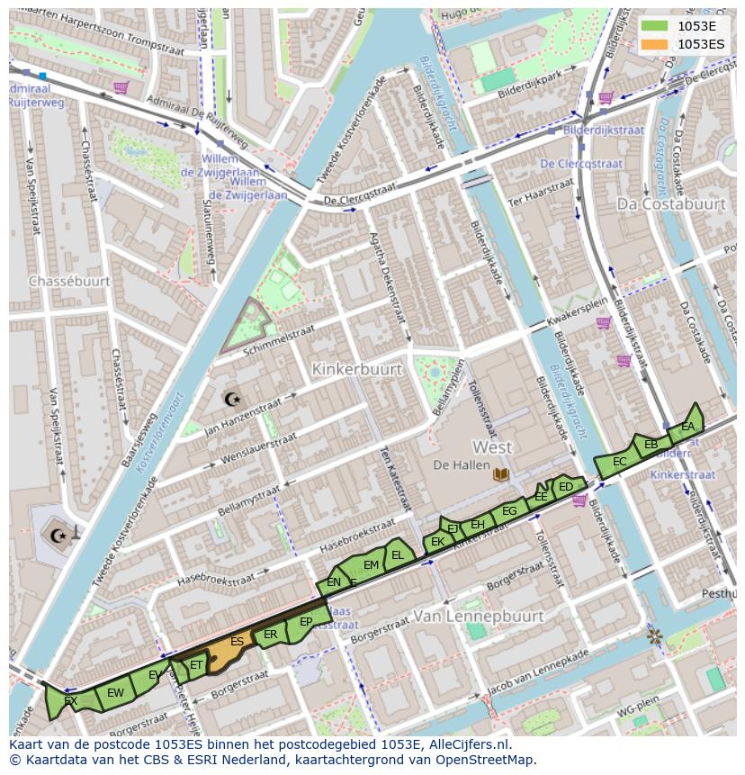 Afbeelding van het postcodegebied 1053 ES op de kaart.