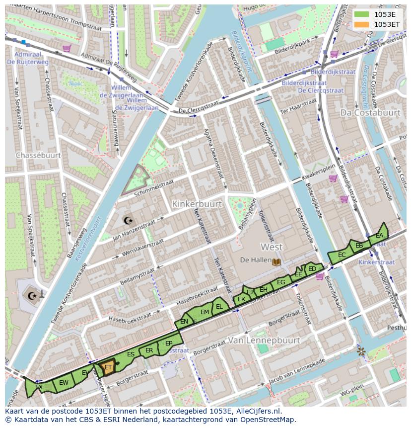 Afbeelding van het postcodegebied 1053 ET op de kaart.