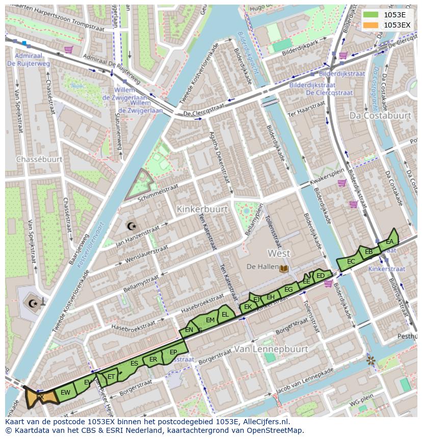 Afbeelding van het postcodegebied 1053 EX op de kaart.