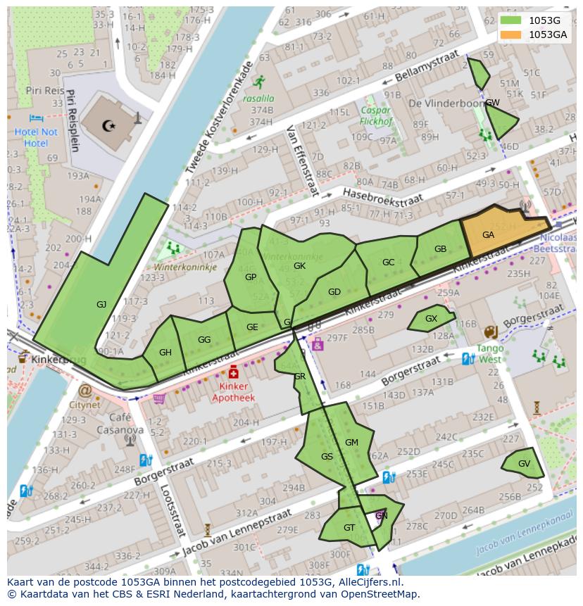 Afbeelding van het postcodegebied 1053 GA op de kaart.