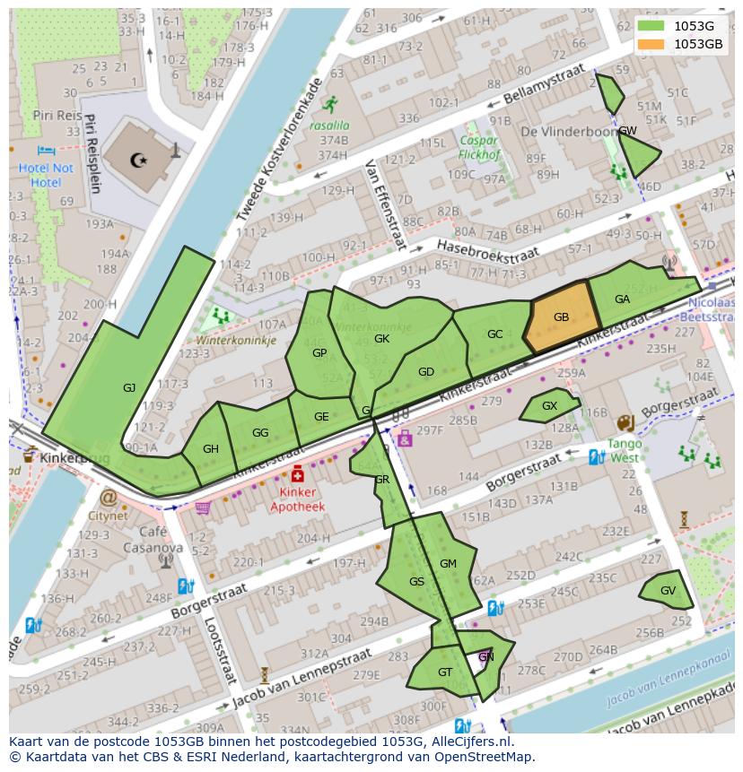 Afbeelding van het postcodegebied 1053 GB op de kaart.