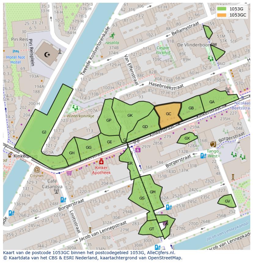 Afbeelding van het postcodegebied 1053 GC op de kaart.
