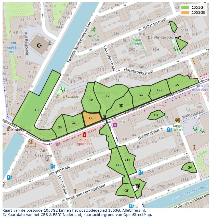Afbeelding van het postcodegebied 1053 GE op de kaart.