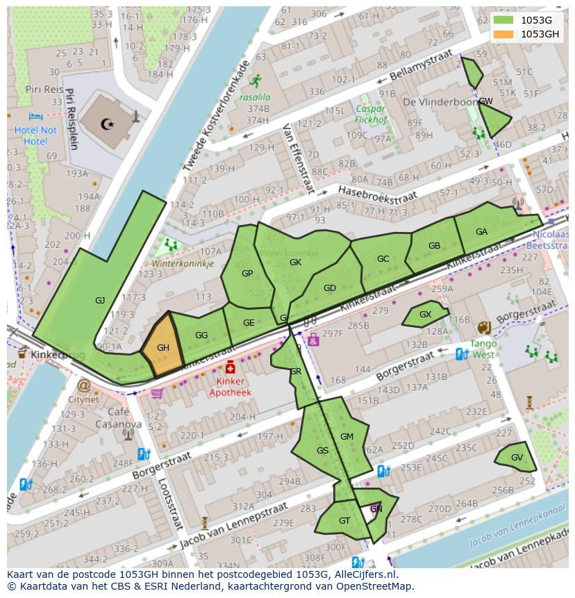 Afbeelding van het postcodegebied 1053 GH op de kaart.