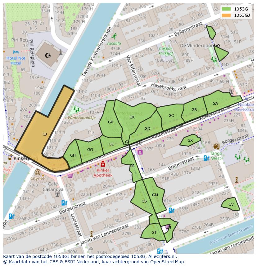 Afbeelding van het postcodegebied 1053 GJ op de kaart.
