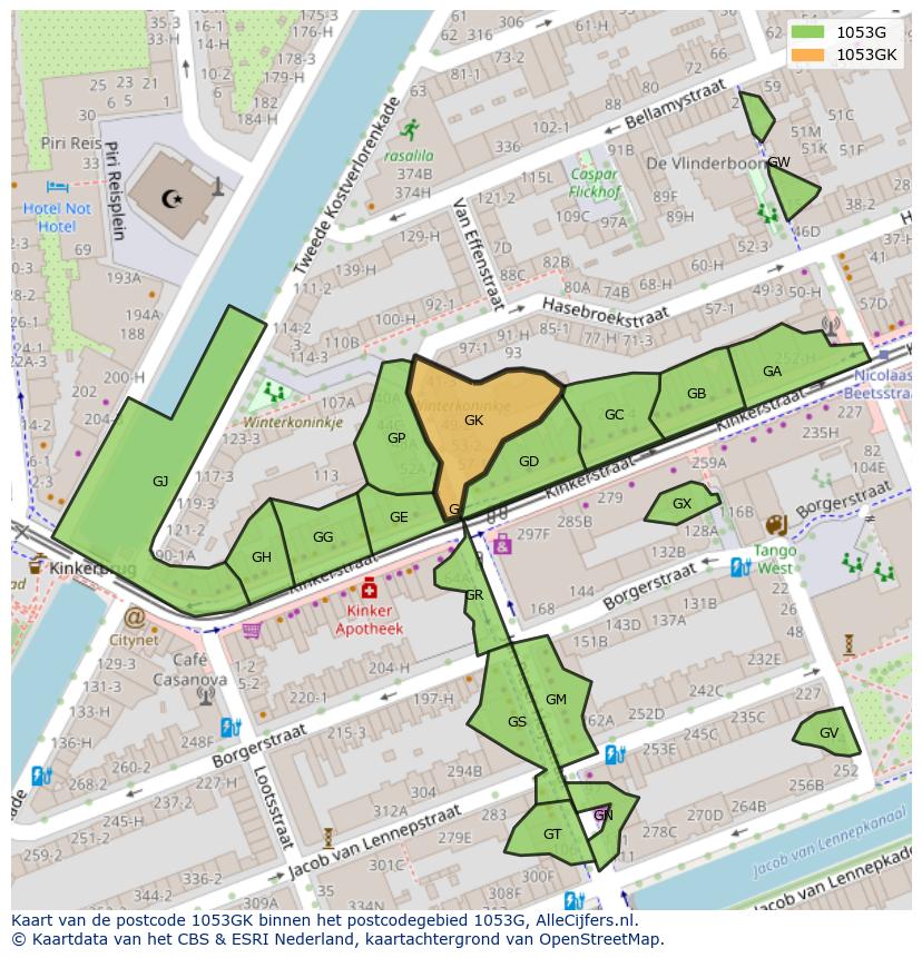 Afbeelding van het postcodegebied 1053 GK op de kaart.
