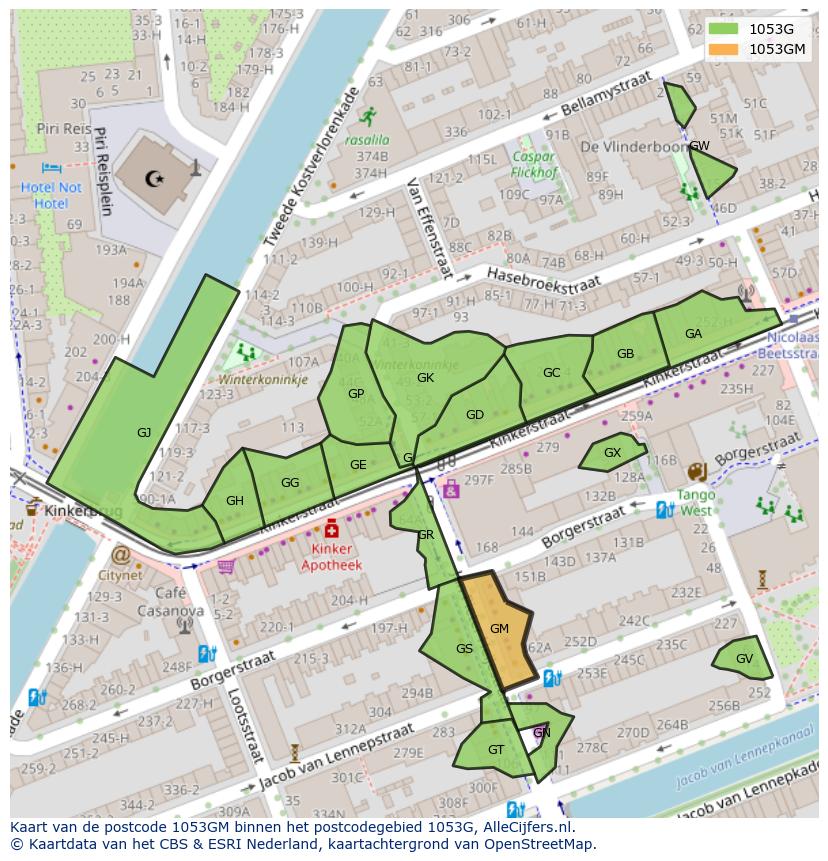 Afbeelding van het postcodegebied 1053 GM op de kaart.