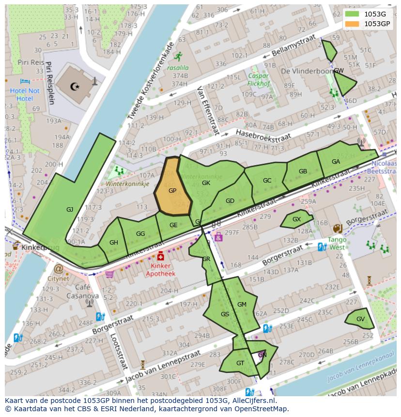 Afbeelding van het postcodegebied 1053 GP op de kaart.