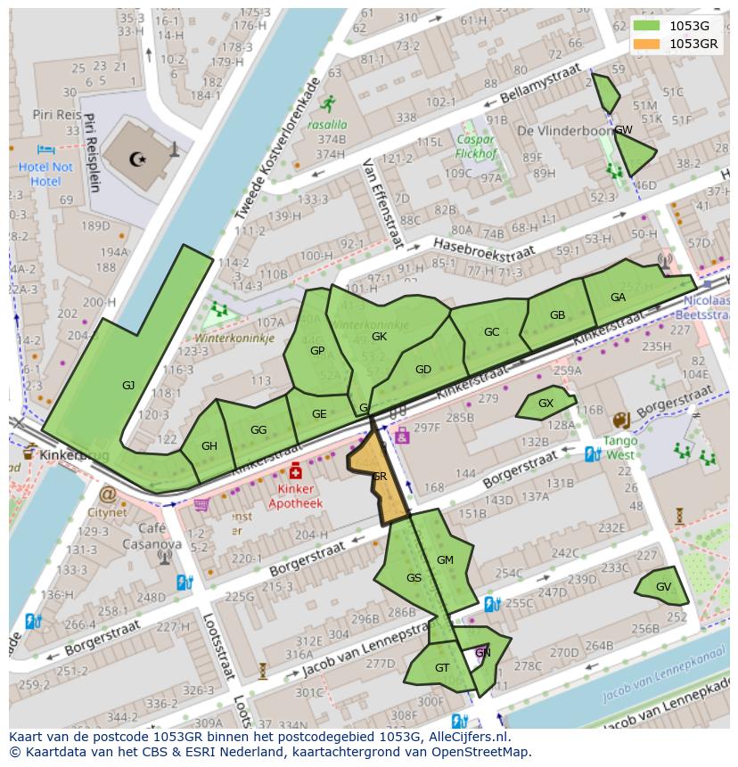 Afbeelding van het postcodegebied 1053 GR op de kaart.