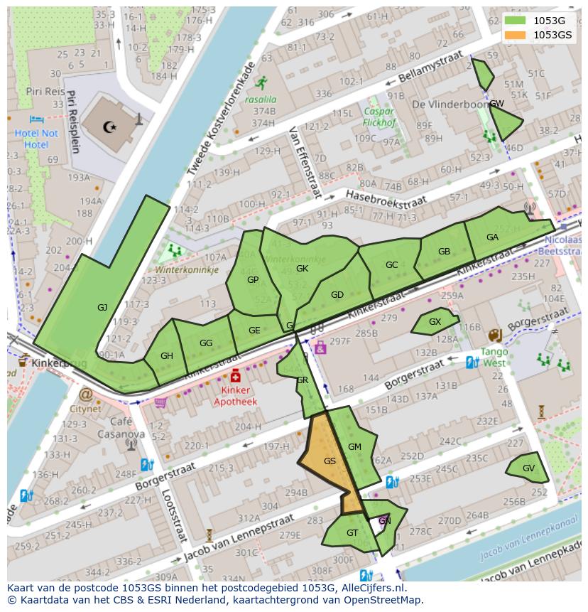 Afbeelding van het postcodegebied 1053 GS op de kaart.