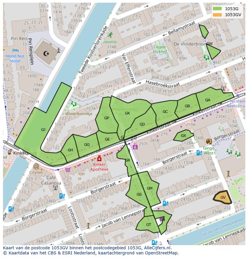Afbeelding van het postcodegebied 1053 GV op de kaart.