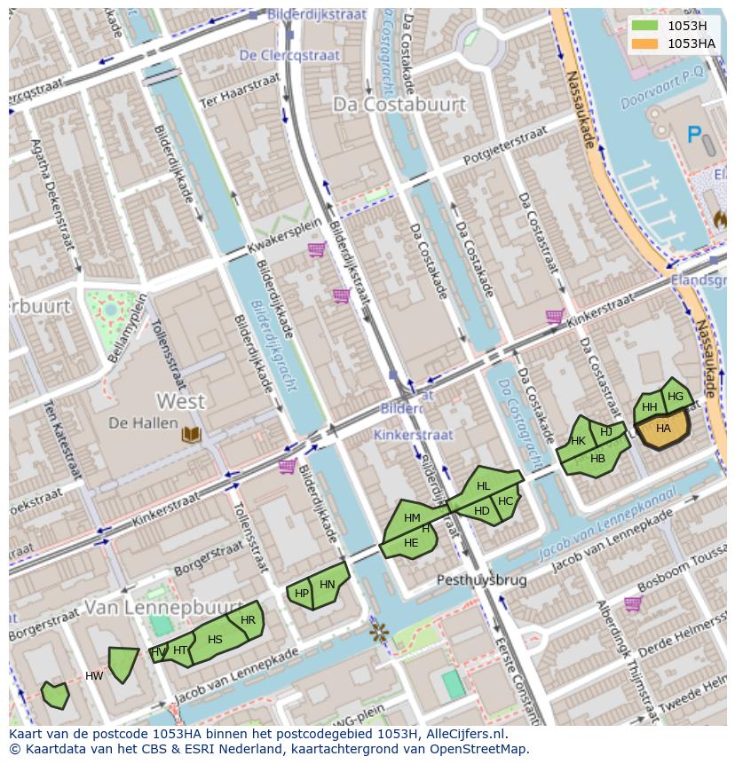 Afbeelding van het postcodegebied 1053 HA op de kaart.